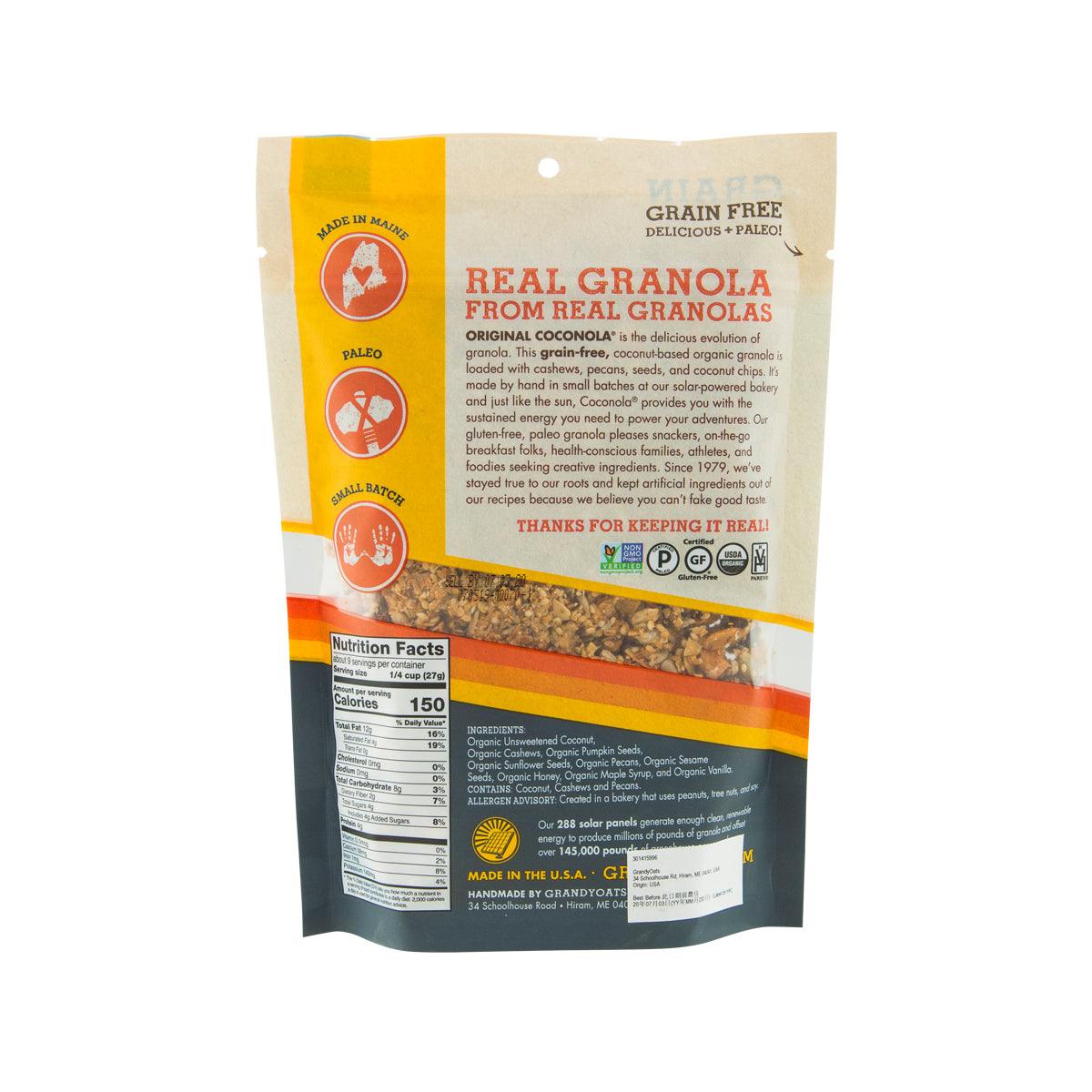 Coconut grain-free granola pouch back with ingredients and Nutrition Facts panel