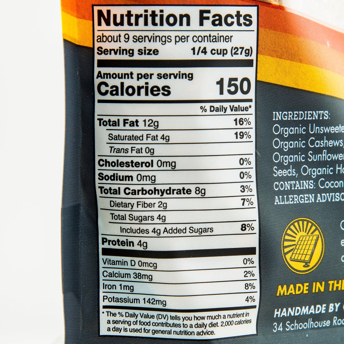 Nutrition Facts label on coconut grain-free granola pouch with serving details