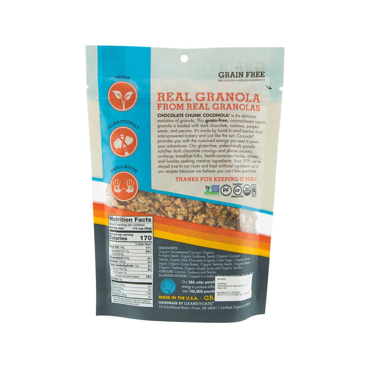 GRANDYOATS grain-free granola bag back panel with nutrition facts and ingredients