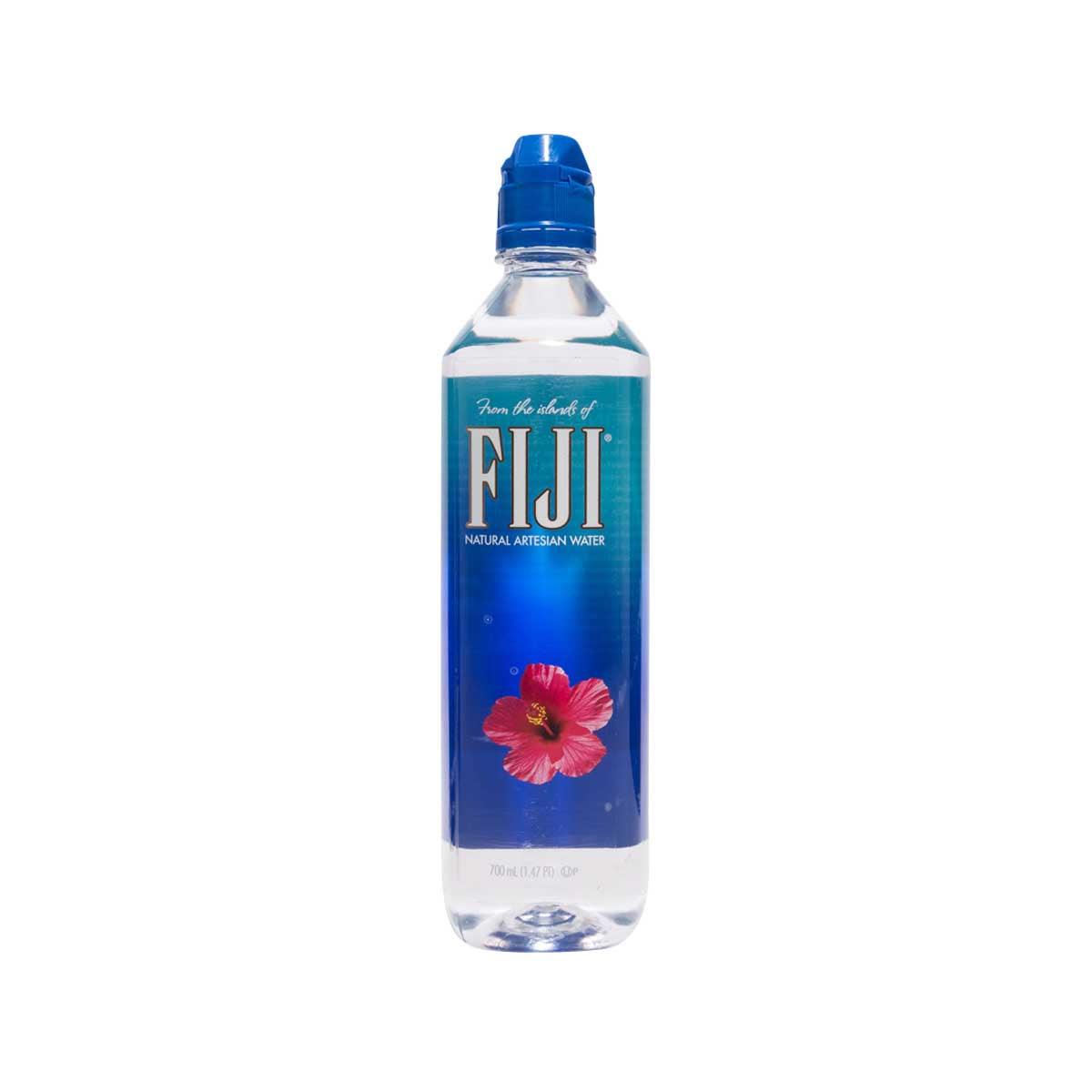 FIJI artesian water bottle with blue sport cap and floral front label