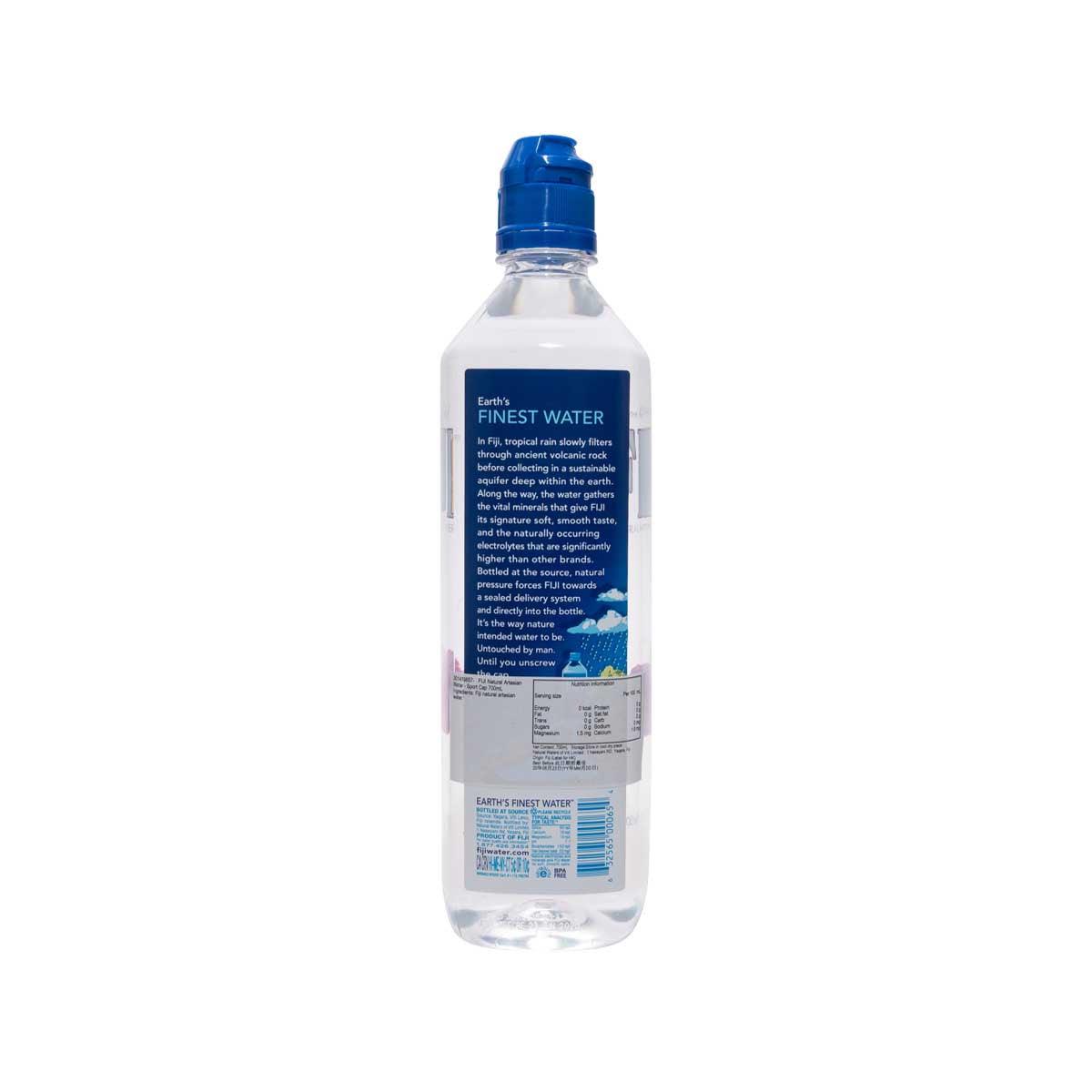 FIJI artesian water bottle back with blue sport cap and printed nutrition label