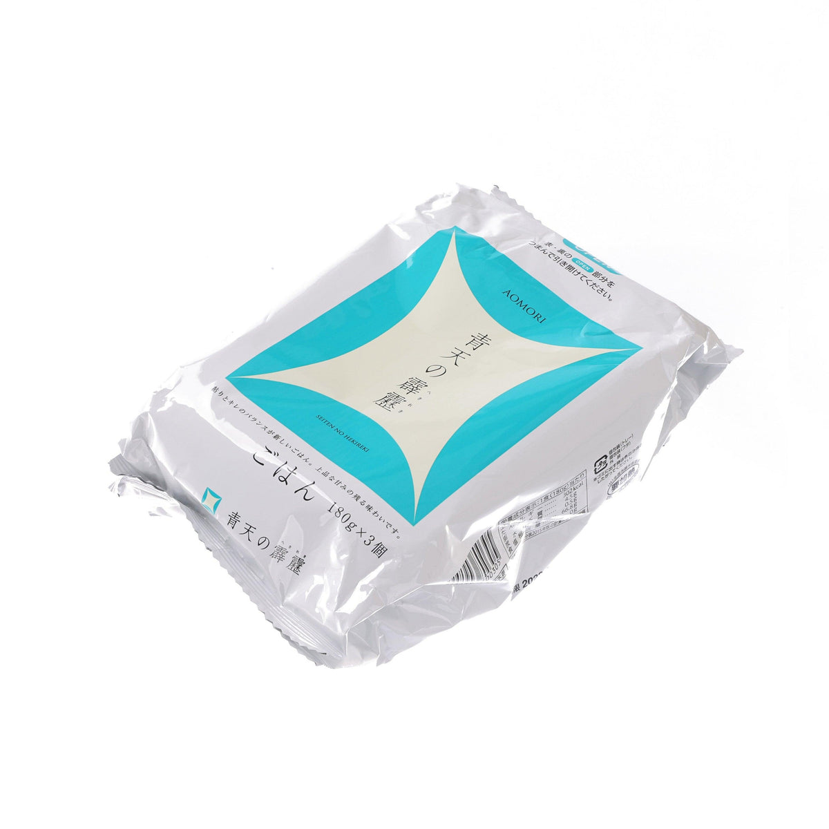 Instant rice pouch, turquoise graphic on front, angled view