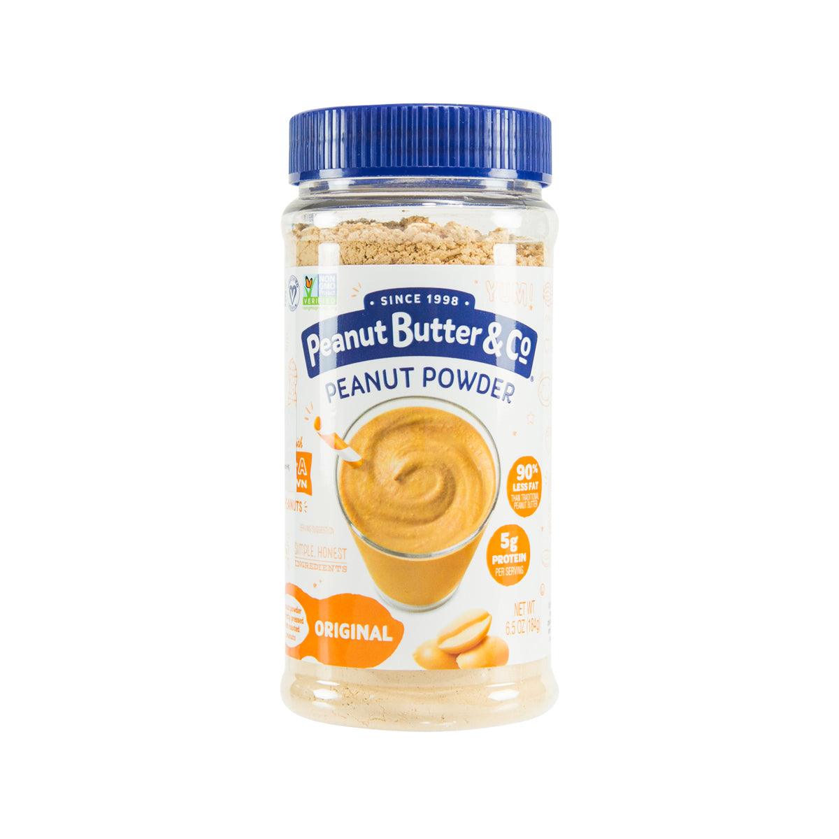 Original peanut powder jar with blue lid, Peanut Butter & Co label and peanut swirl