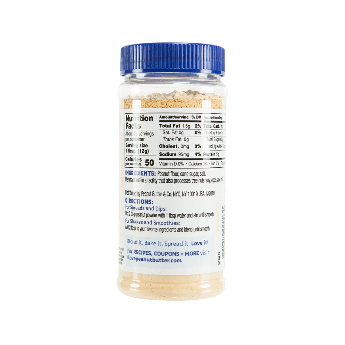 Original peanut powder jar back label with nutrition facts and ingredients, blue lid