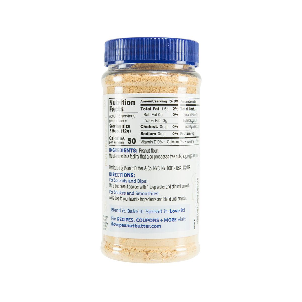 Peanut powder jar back label with nutrition facts and ingredients, blue cap