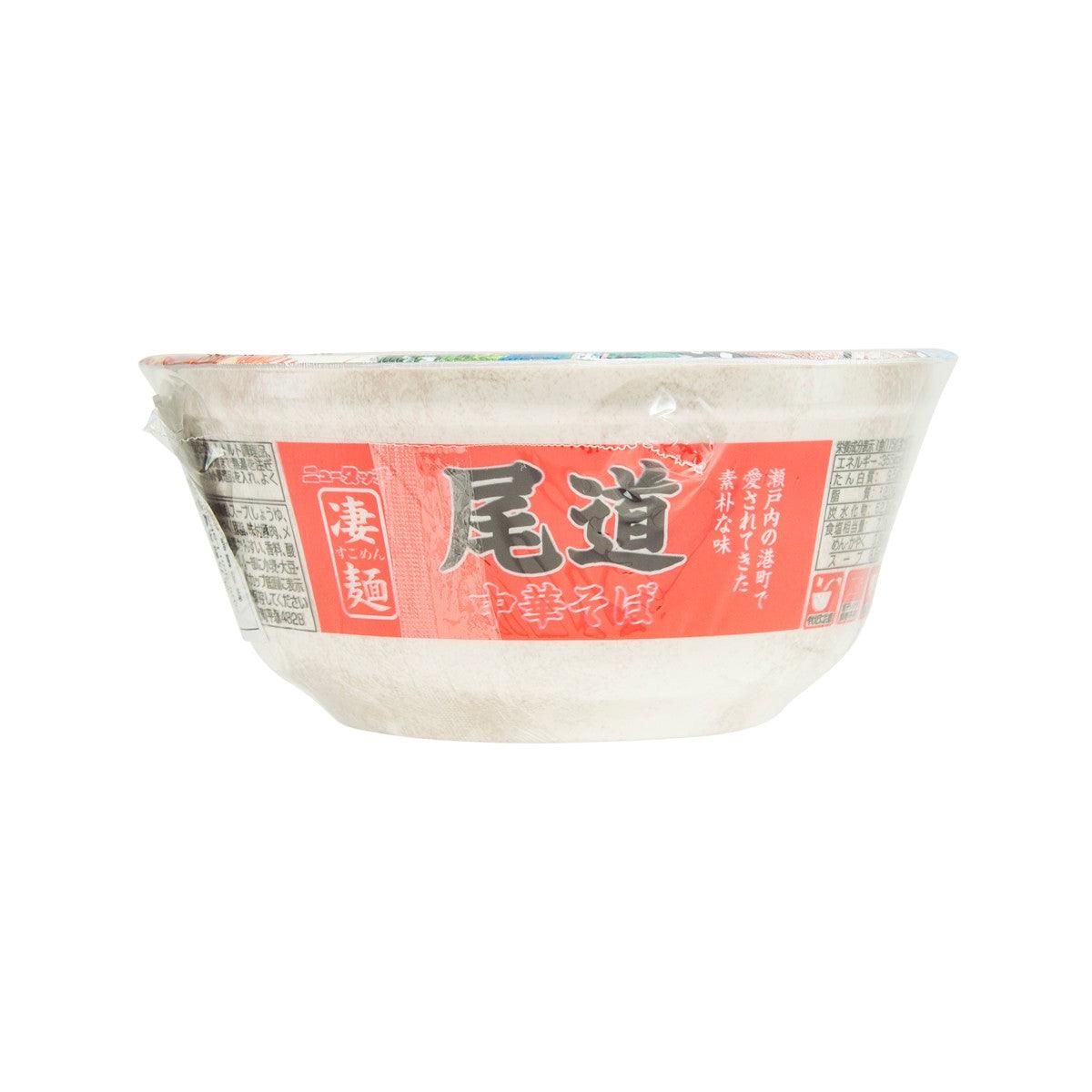 Instant ramen cup with white bowl and red label panel on top