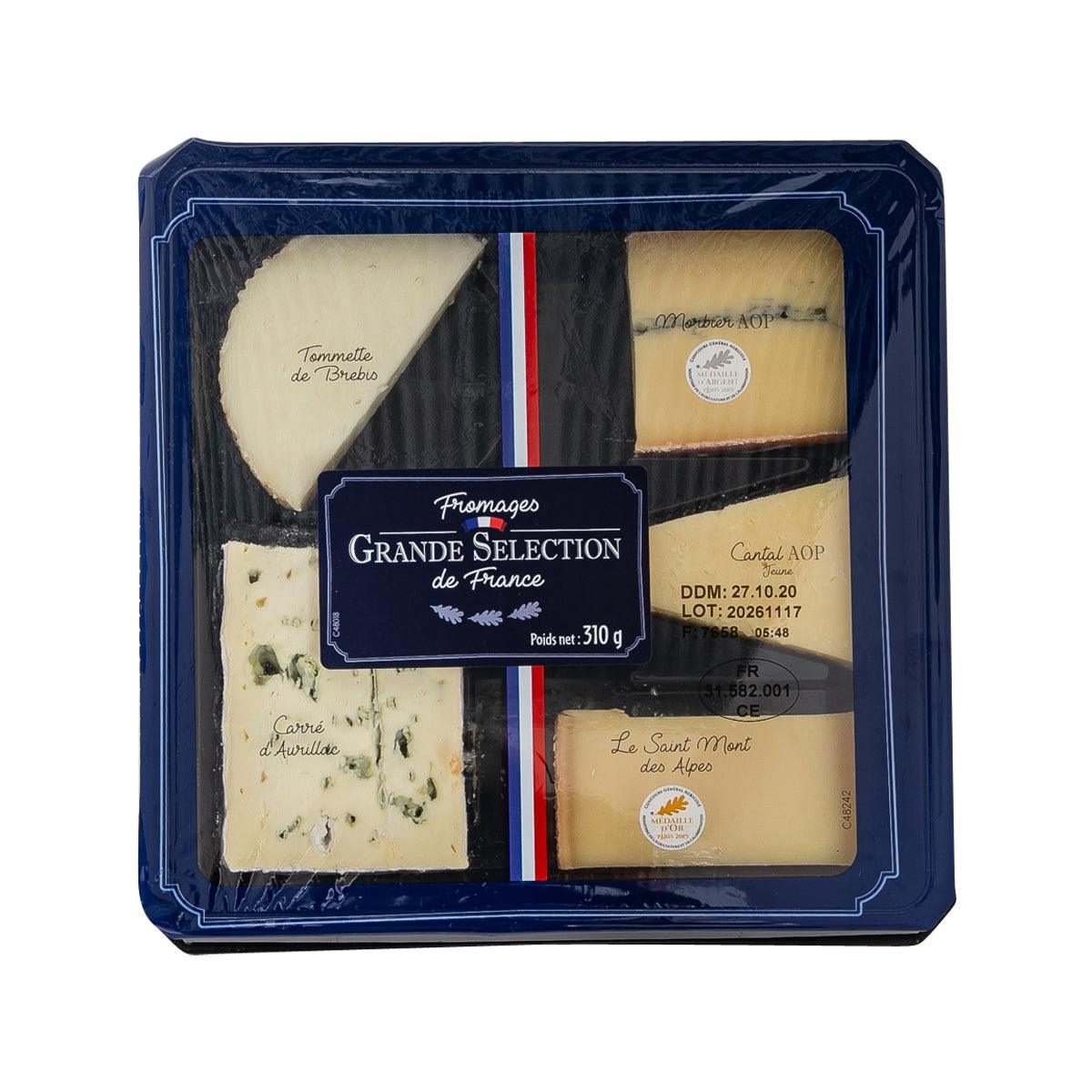 5-cheese assortment in a blue plastic tray, sliced cheeses with assorted rind textures