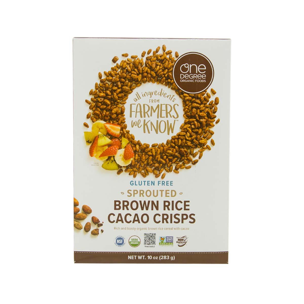 ONE DEGREE gluten-free sprouted brown rice cacao crisps box, front view