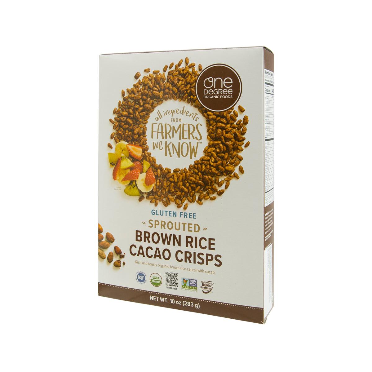 ONE DEGREE gluten-free sprouted brown rice cacao crisps box, angled front