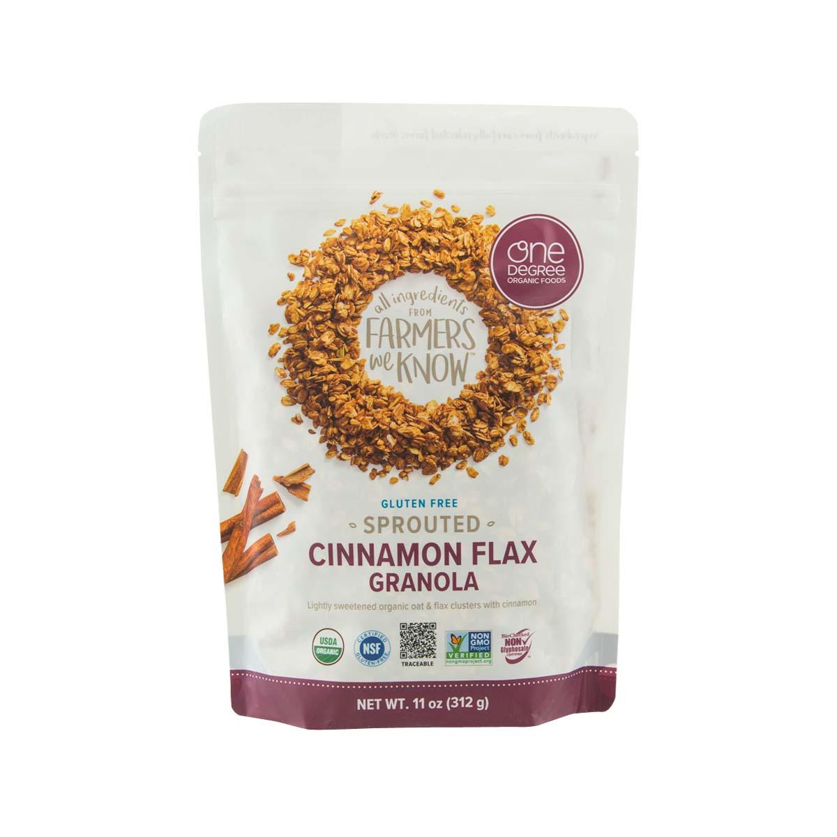 ONE DEGREE cinnamon flax granola pouch, gluten free sprouted, 11 oz (312 g)