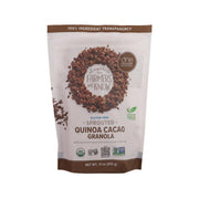 Organic gluten-free sprouted quinoa cacao granola pouch, brown top seal, front label.