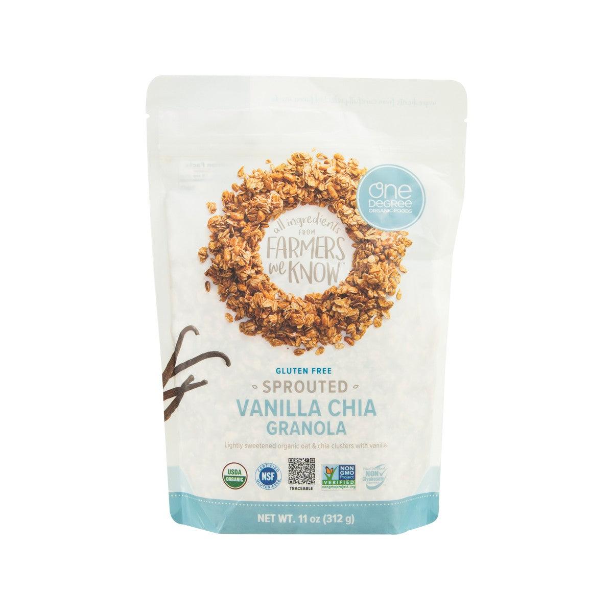 Gluten-free sprouted vanilla chia granola pouch, white with blue base