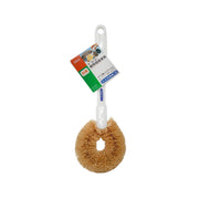 Pot wash brush with white handle and circular tan scrub bristles