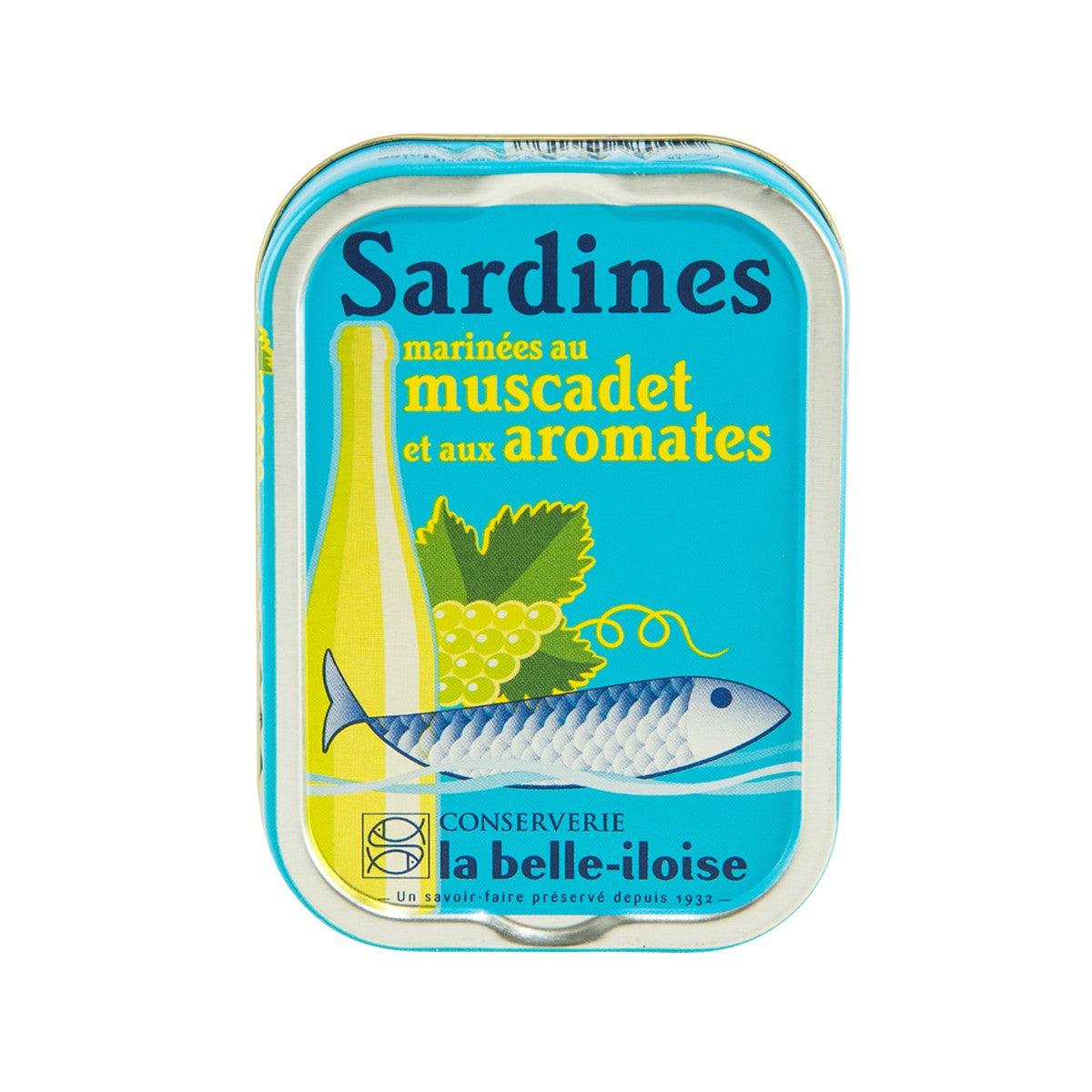 LA BELLE-ILOISE sardines tin with Muscadet seasoning, blue front label
