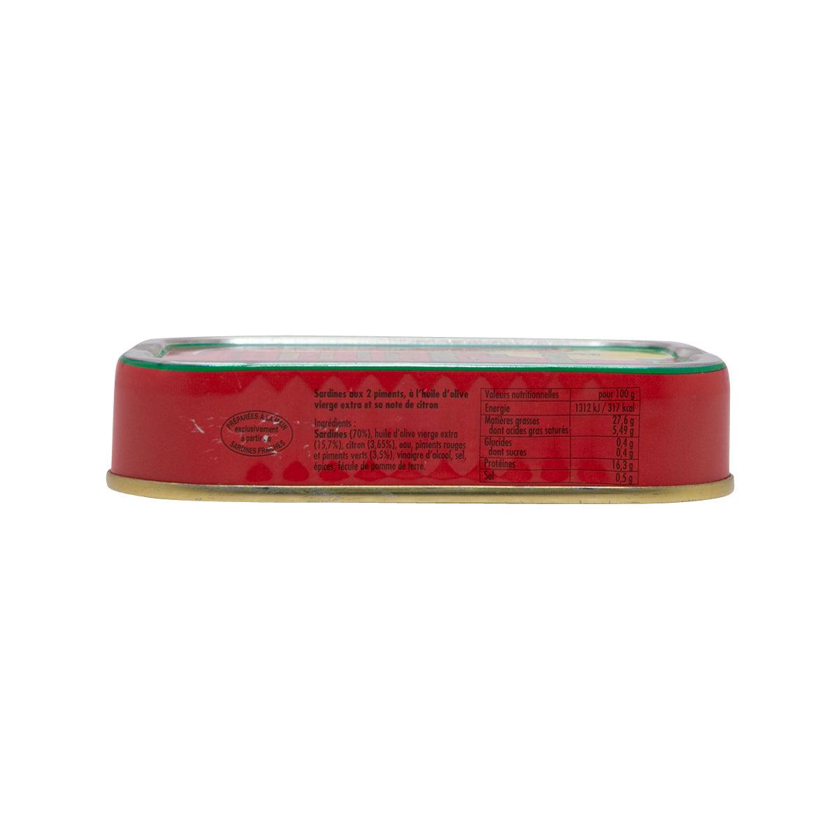 Sardines in extra virgin olive oil tin with pepper & lemon, back label