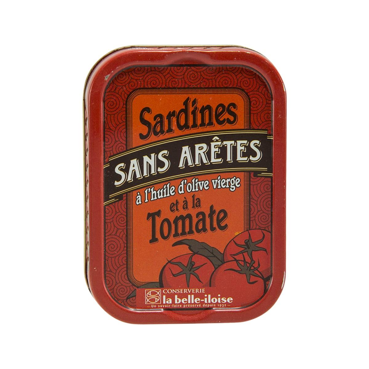 Red sardine tin with tomato and olive oil label, square metal can