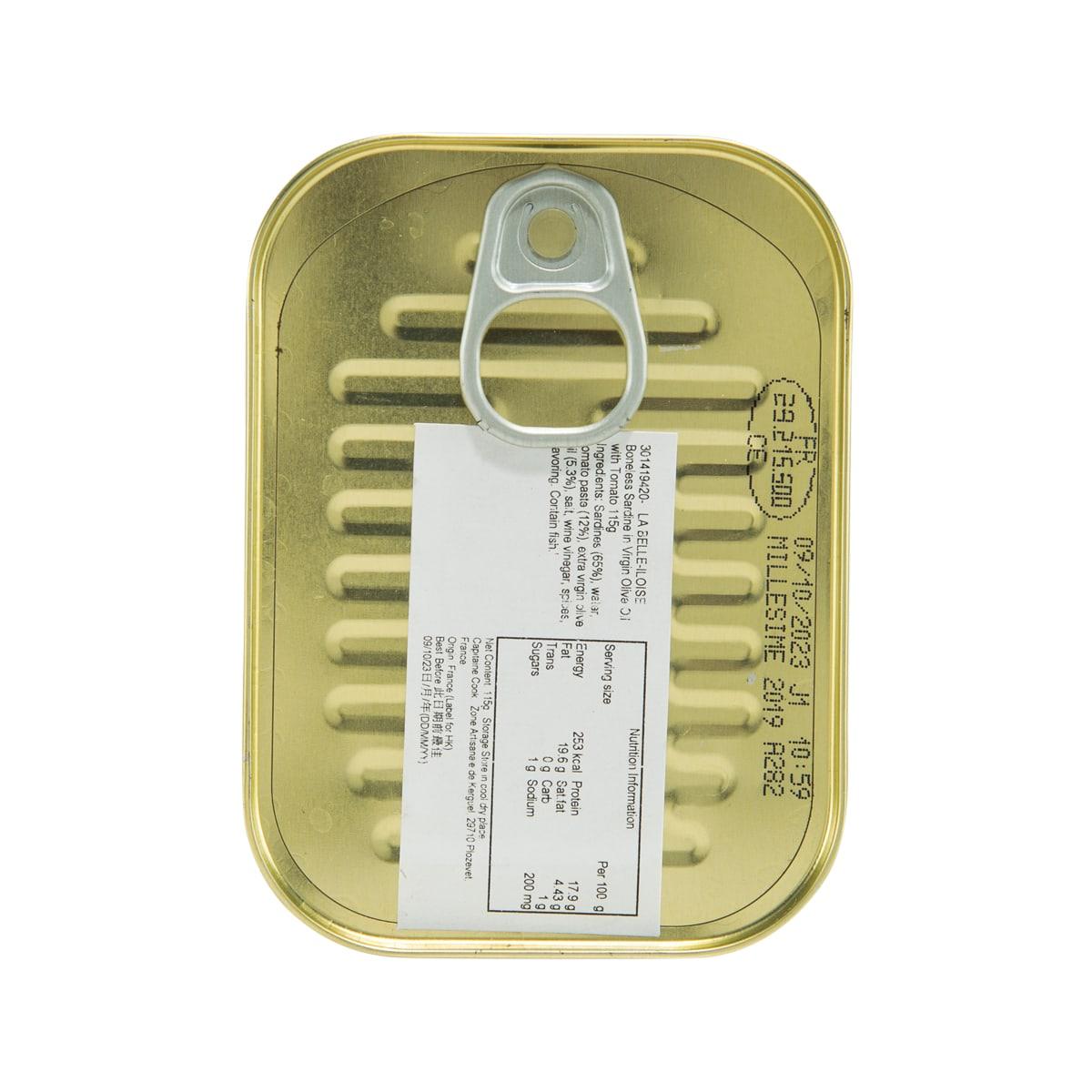 Gold sardine tin with metal ring pull tab and back label