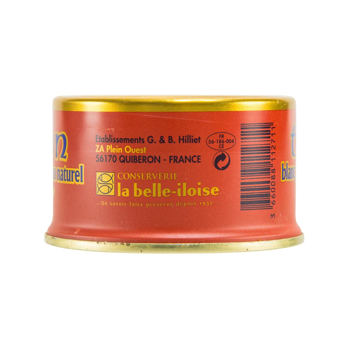 Albacore tuna in brine can, red back label with barcode and LA BELLE-ILOISE