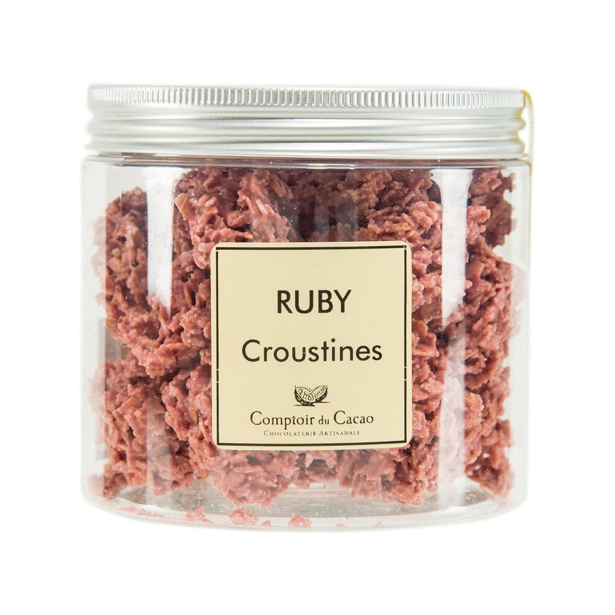 COMPTOIR DU CACAO Ruby Croustines clear jar with red chocolate crumbles