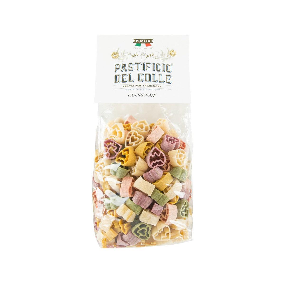 Colorful heart-shaped pasta bag, visible front label, 500g