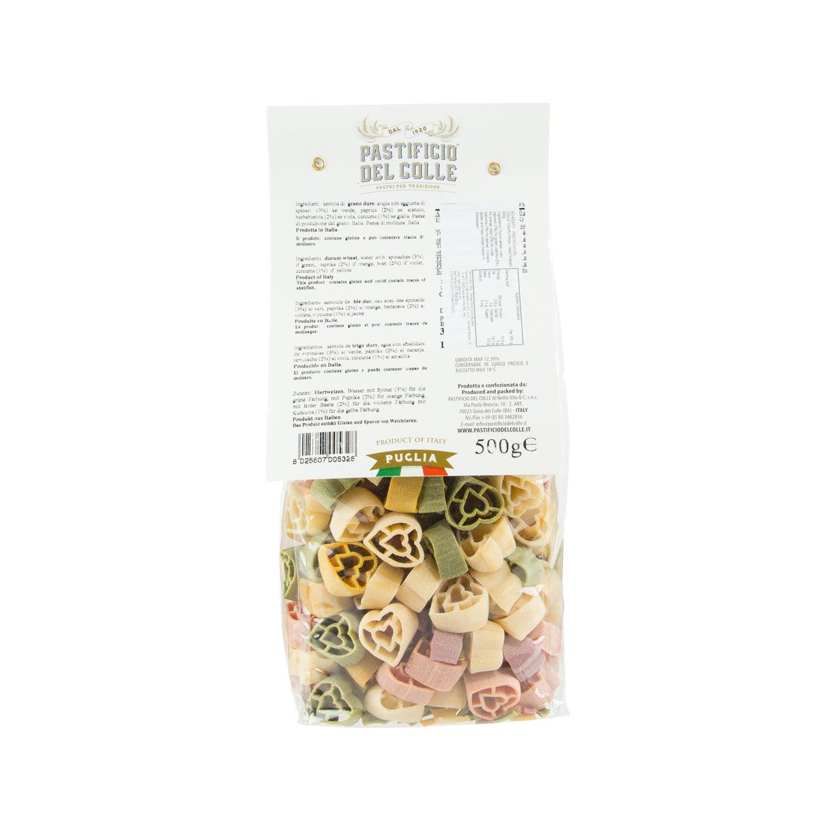 Colorful heart-shaped pasta bag, back label view, 500g