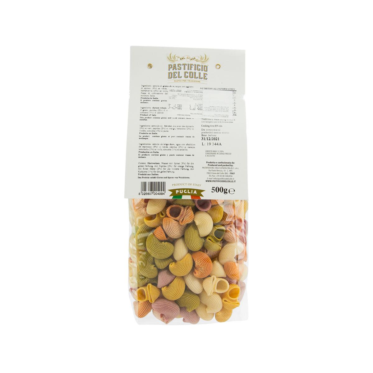 Snail-shaped colorful pasta in clear 500g bag with back ingredient label