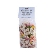 Colorful farfalle pasta in sealed bag with multicolor bow-tie shapes
