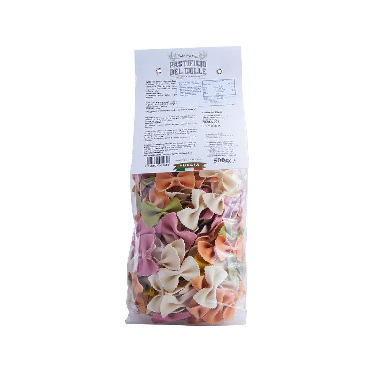 Colorful farfalle pasta bag showing ingredient and label information