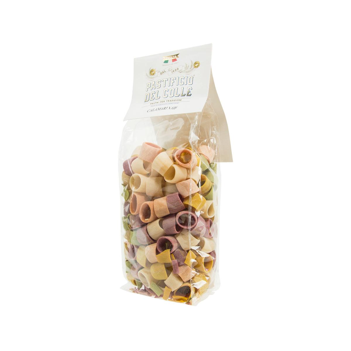 PASTIFICIO DEL COLLE colorful pasta in clear pouch with mixed shell-shaped pieces