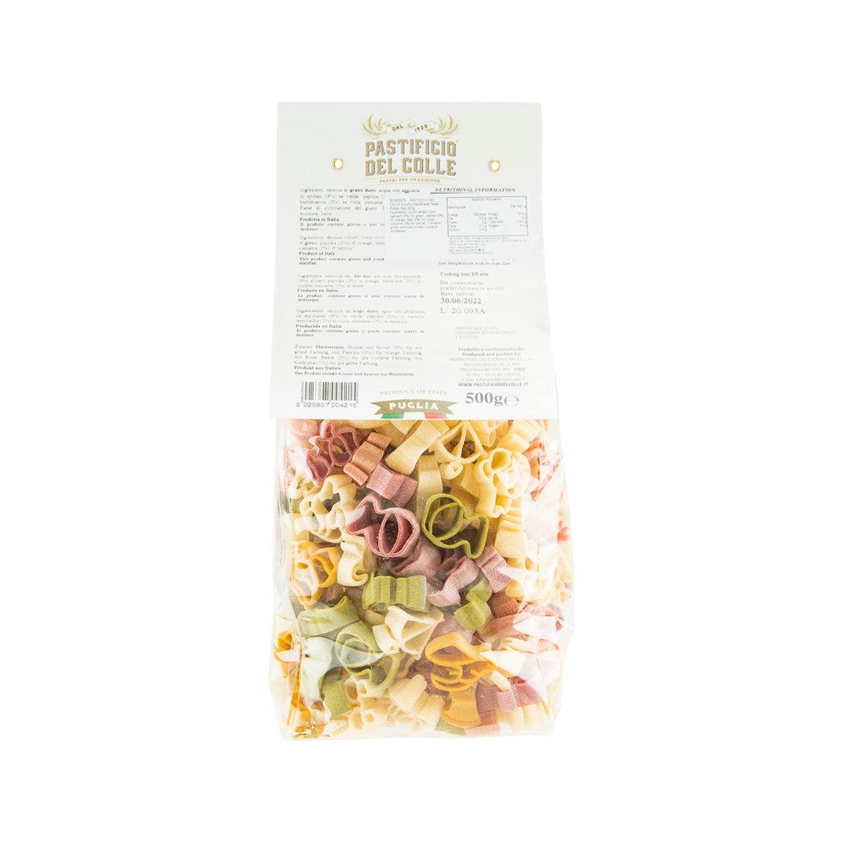 Back of 500g bag of colorful zodiac pasta with barcode and nutrition text