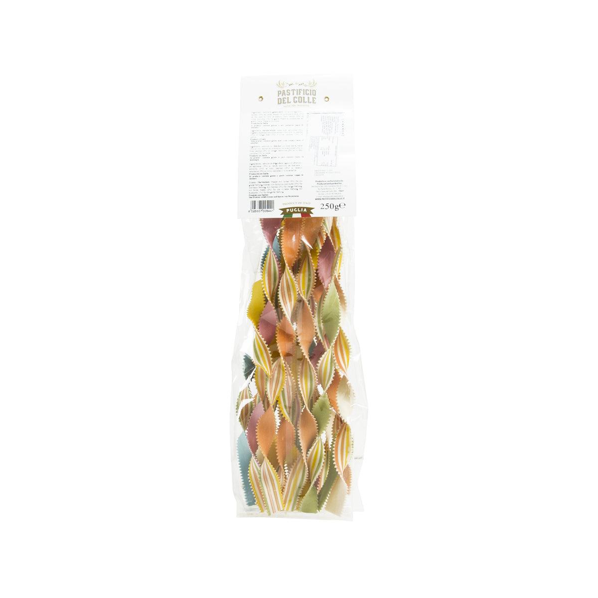 Artisanal spiral colorful pasta pouch, back label with nutrition info and bar code