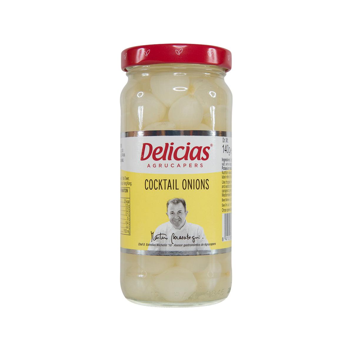 Delicias cocktail onion jar with pale pickled onions and red screw-top lid