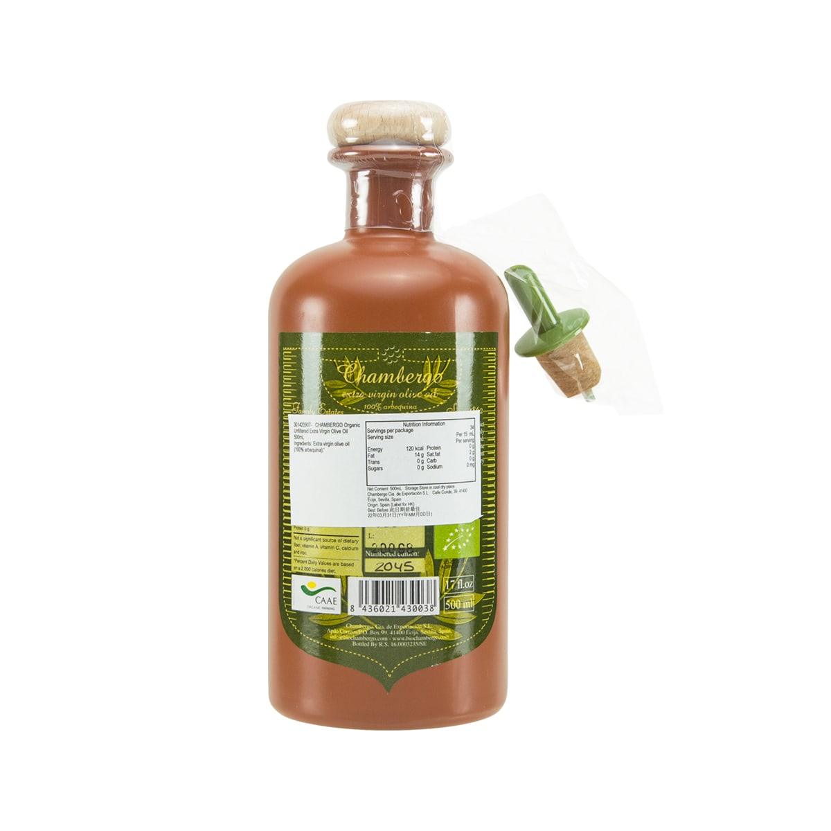 CHAMBERGO organic unfiltered extra virgin olive oil 500 mL bottle with back label