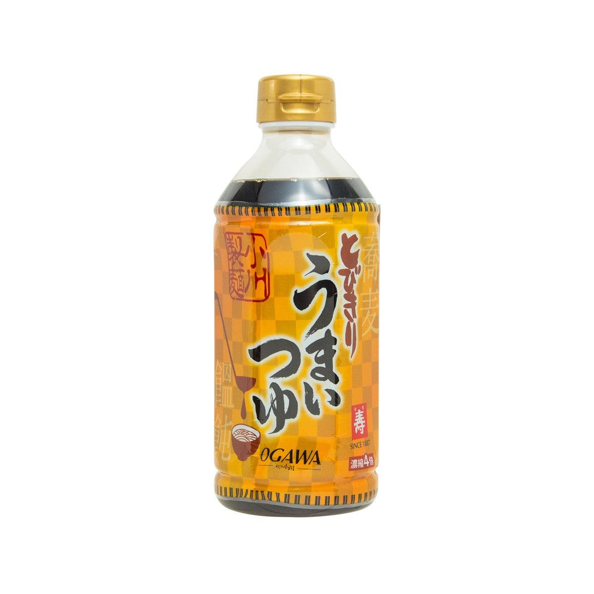 OGAWASEIMEN Tobikiri Umai noodle soup concentrate bottle, amber liquid, gold cap