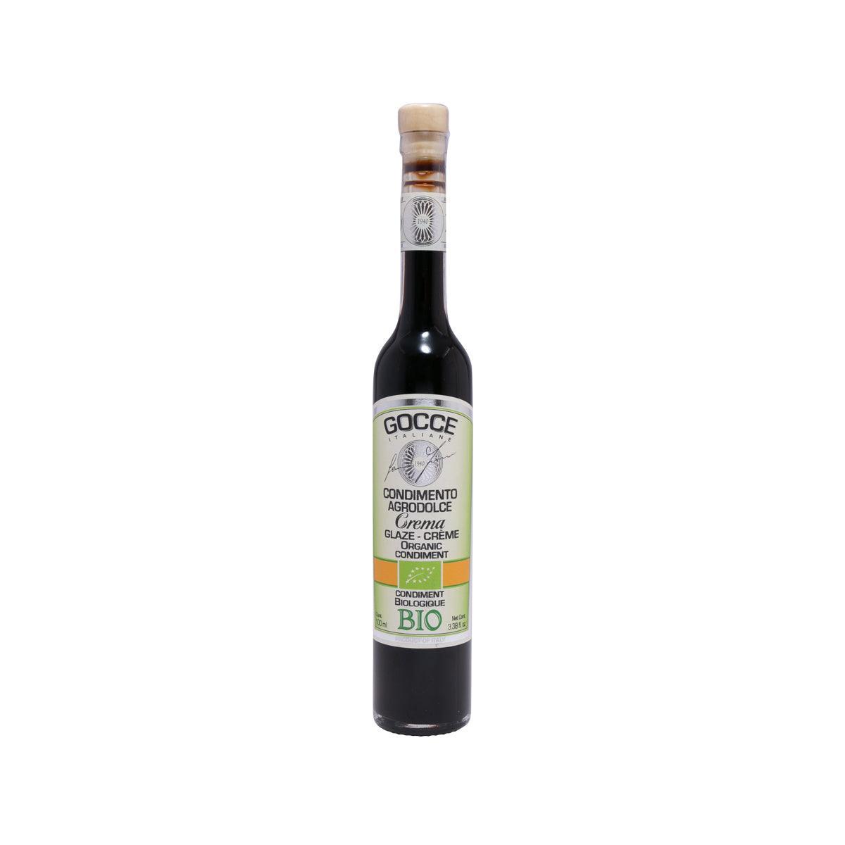 Gocce organic balsamic glaze bottle with cork top and dark liquid, 100 mL