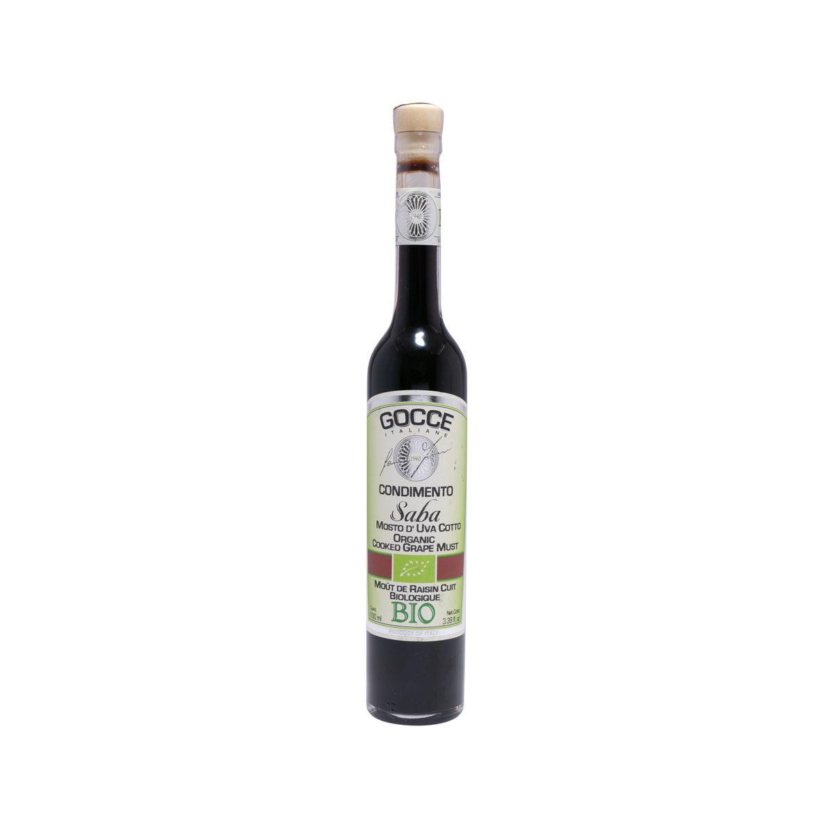 GOCCE organic saba balsamic condiment bottle, dark glass, cork stopper, front label