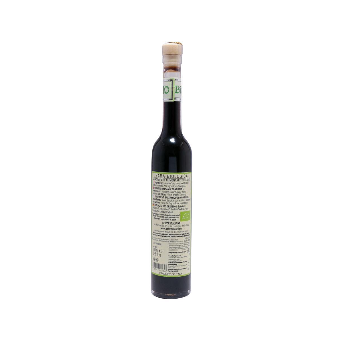 GOCCE organic saba balsamic condiment bottle, dark glass, back label with barcode