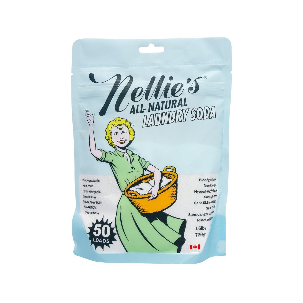 NELLIE'S natural laundry soda refill pouch, light blue bag with front label