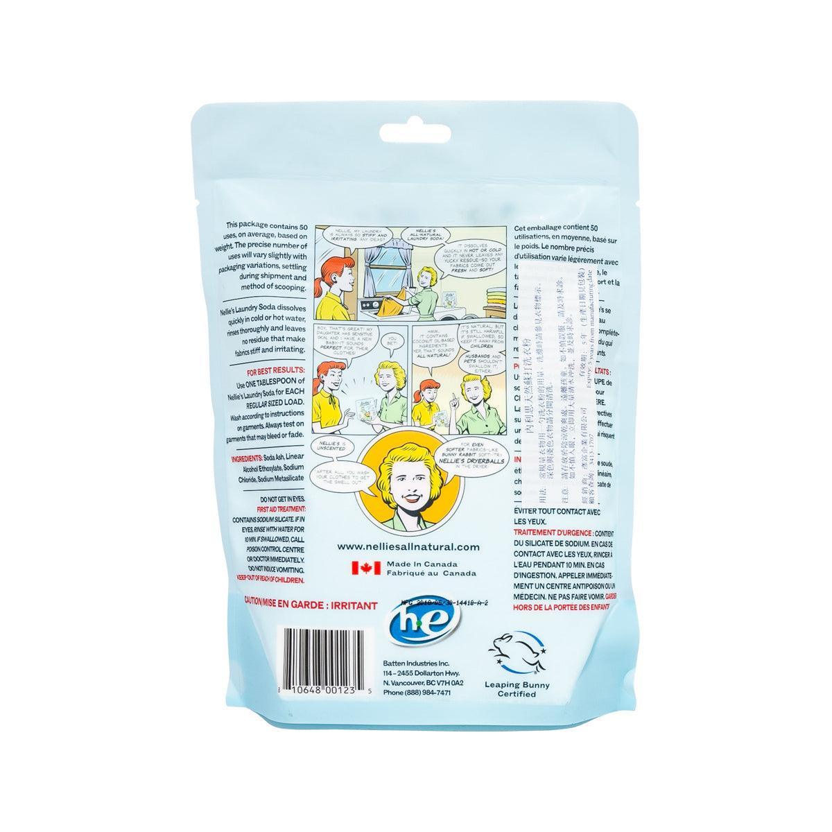 NELLIE'S laundry soda refill pouch, back with ingredients and directions print