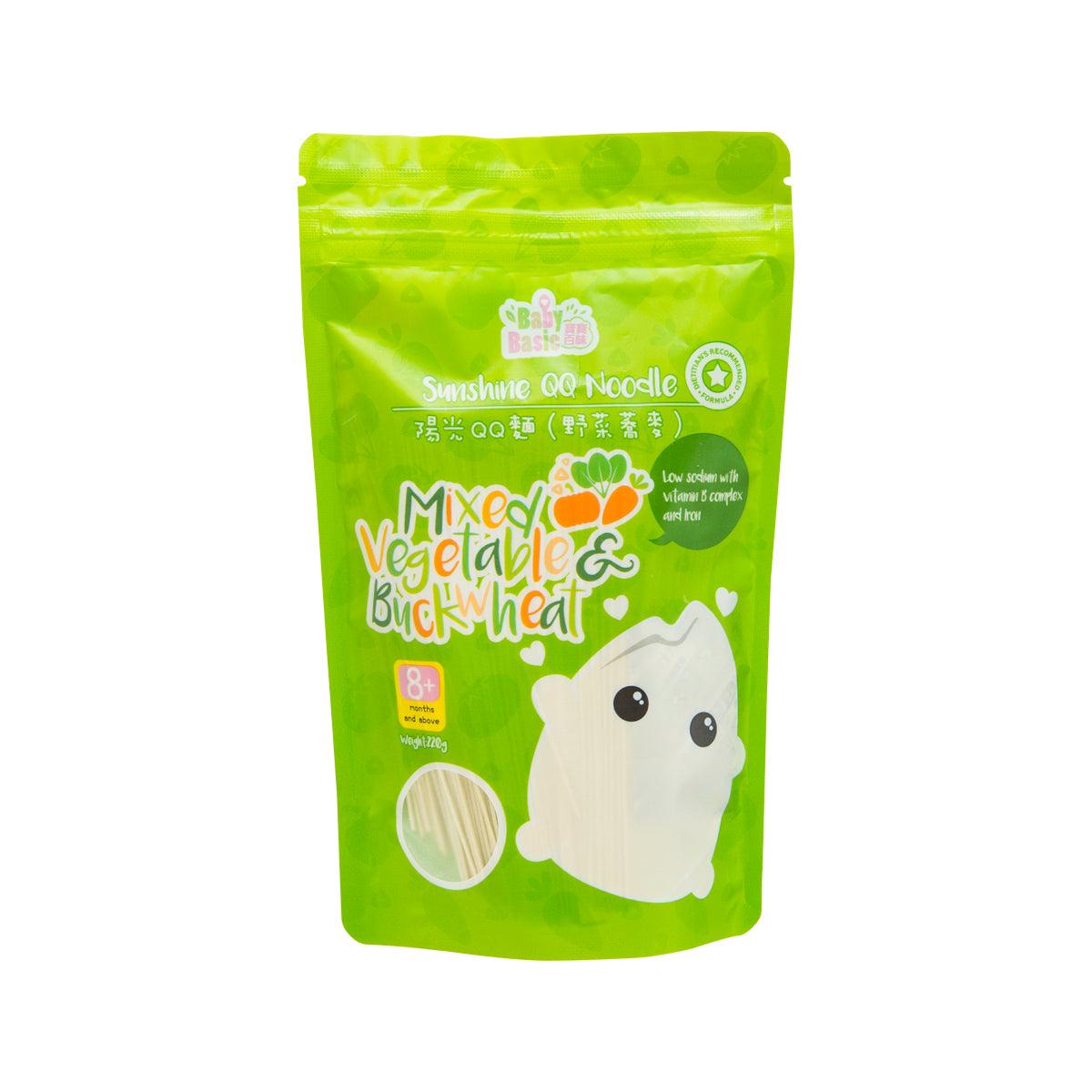 Green baby noodle food pouch with bear graphic, mixed vegetable & buckwheat.