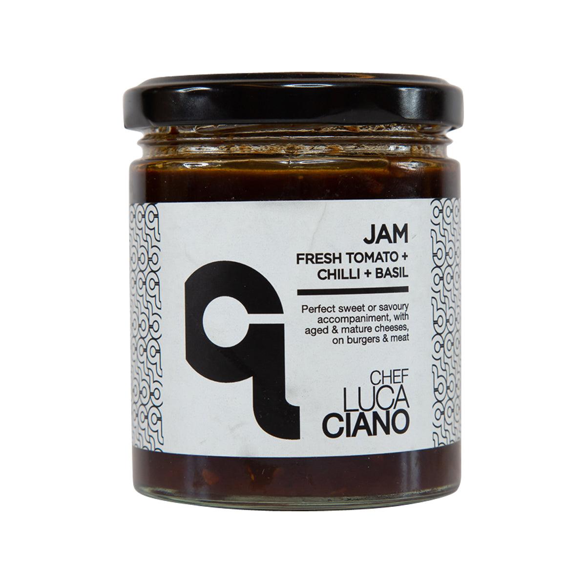 Tomato chili basil jam jar with black lid and white label
