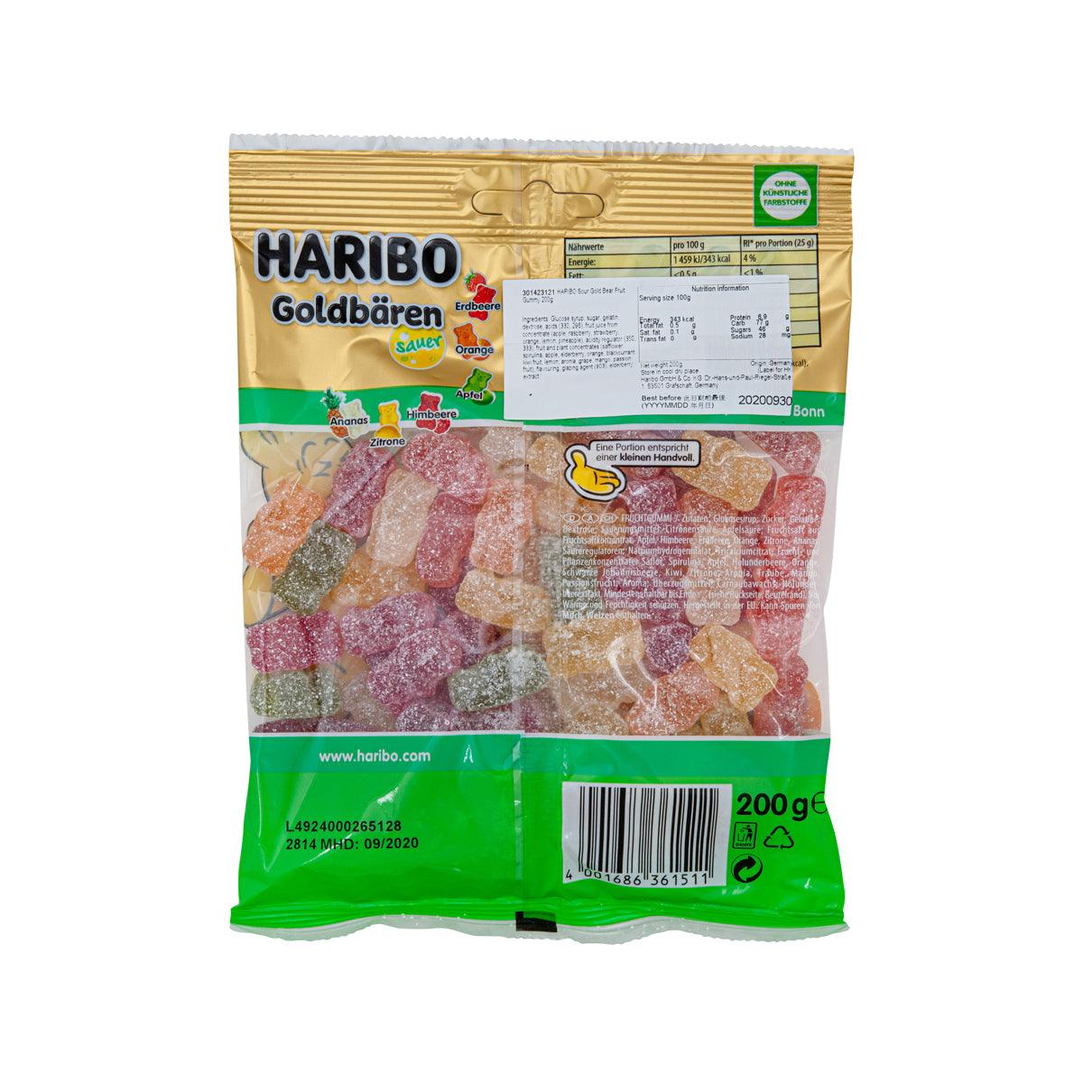 HARIBO Sour Gold Bears fruit gummy bag, front view, 200 g