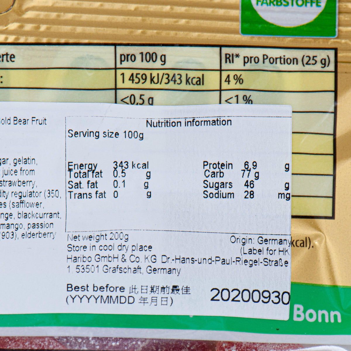 HARIBO gummy packaging nutrition label close-up with serving size and calories