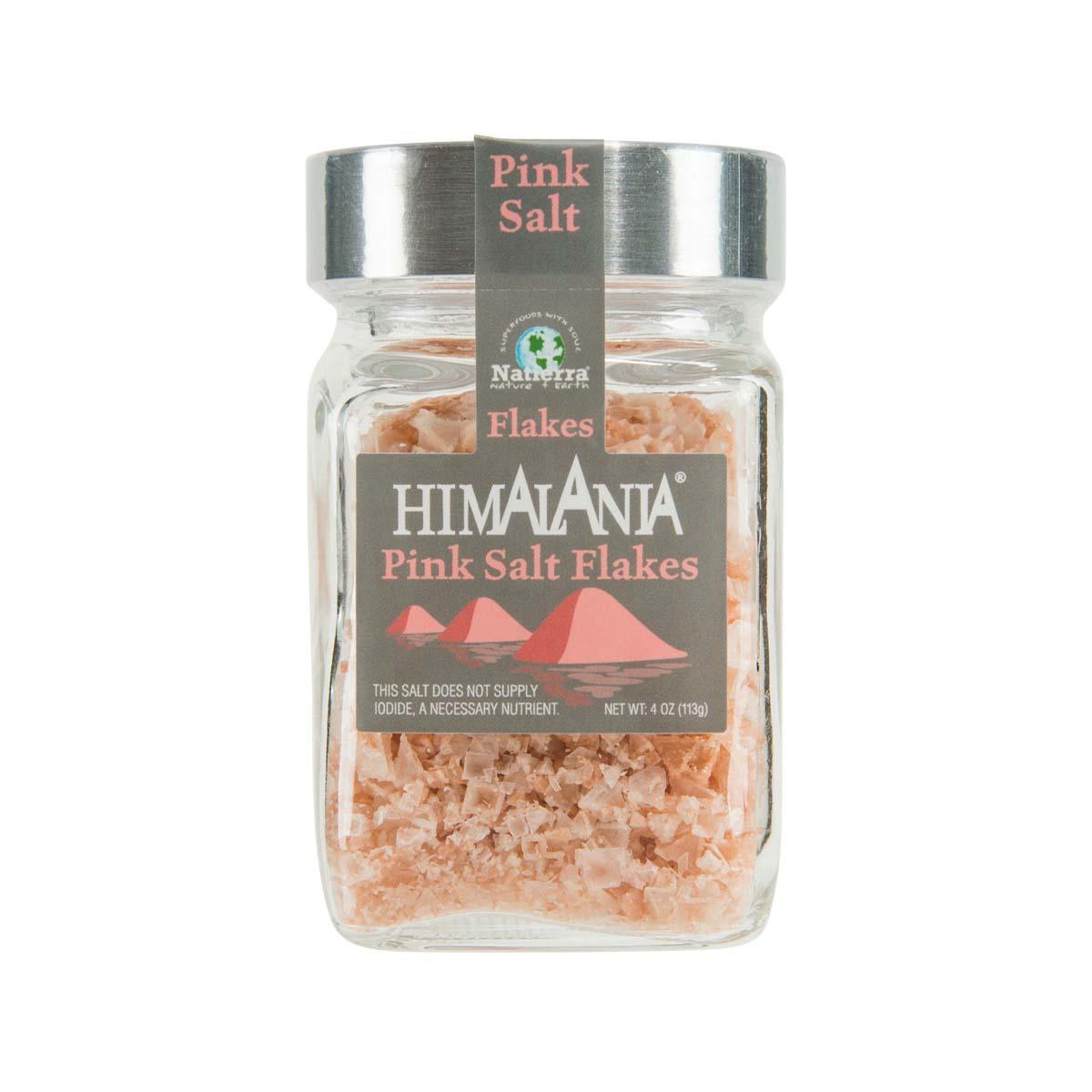 NATIERRA Himalania pink salt flakes jar with silver lid, pink salt flakes visible