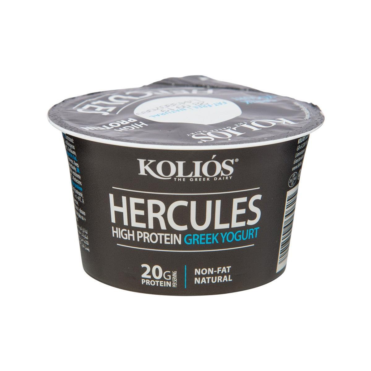 KOLIOS Hercules high-protein Greek yogurt cup, 0% fat, black tub with lid
