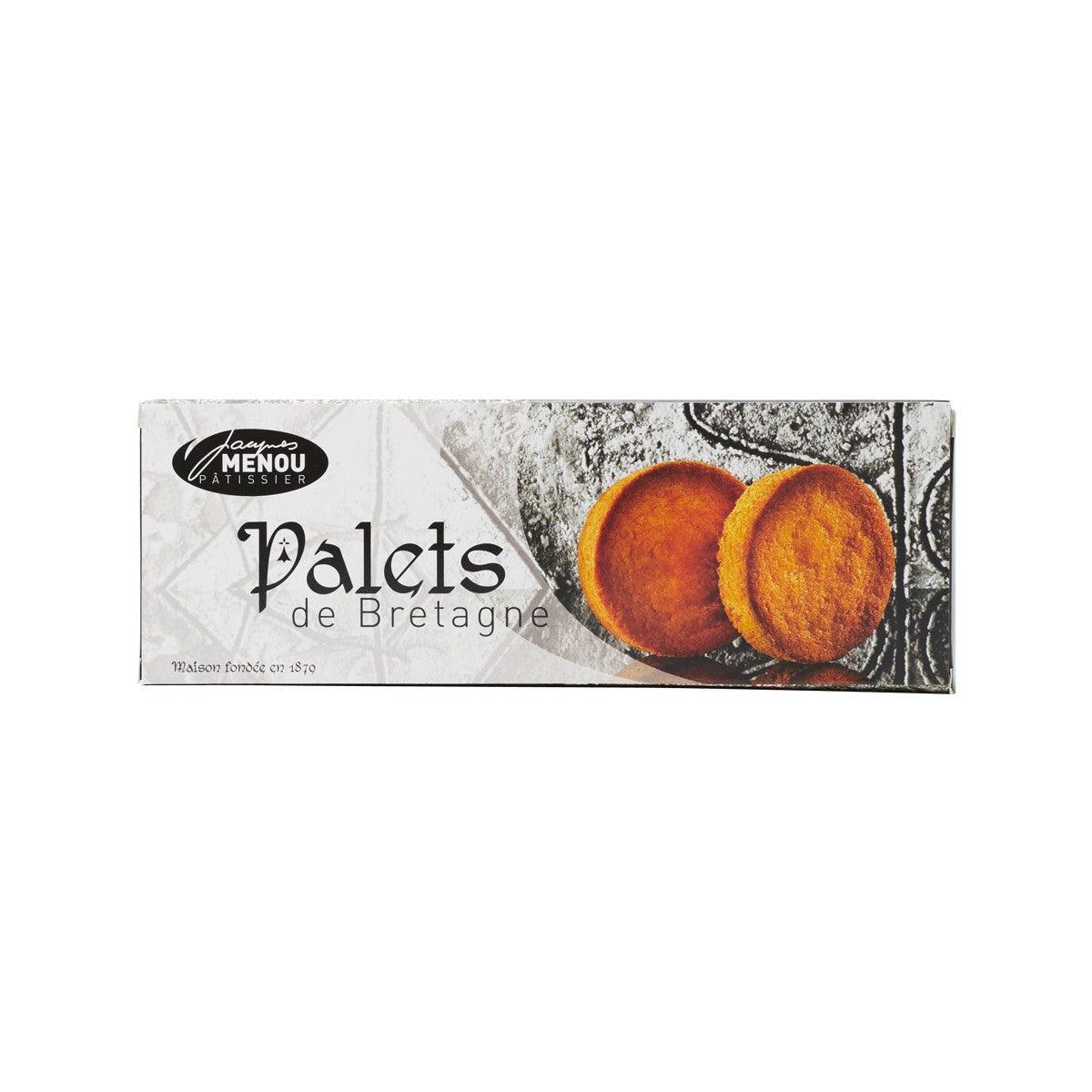 Butter biscuits box labeled Palets de Bretagne, with two round golden biscuits