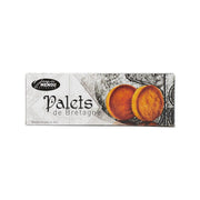 Butter biscuits box labeled Palets de Bretagne, with two round golden biscuits