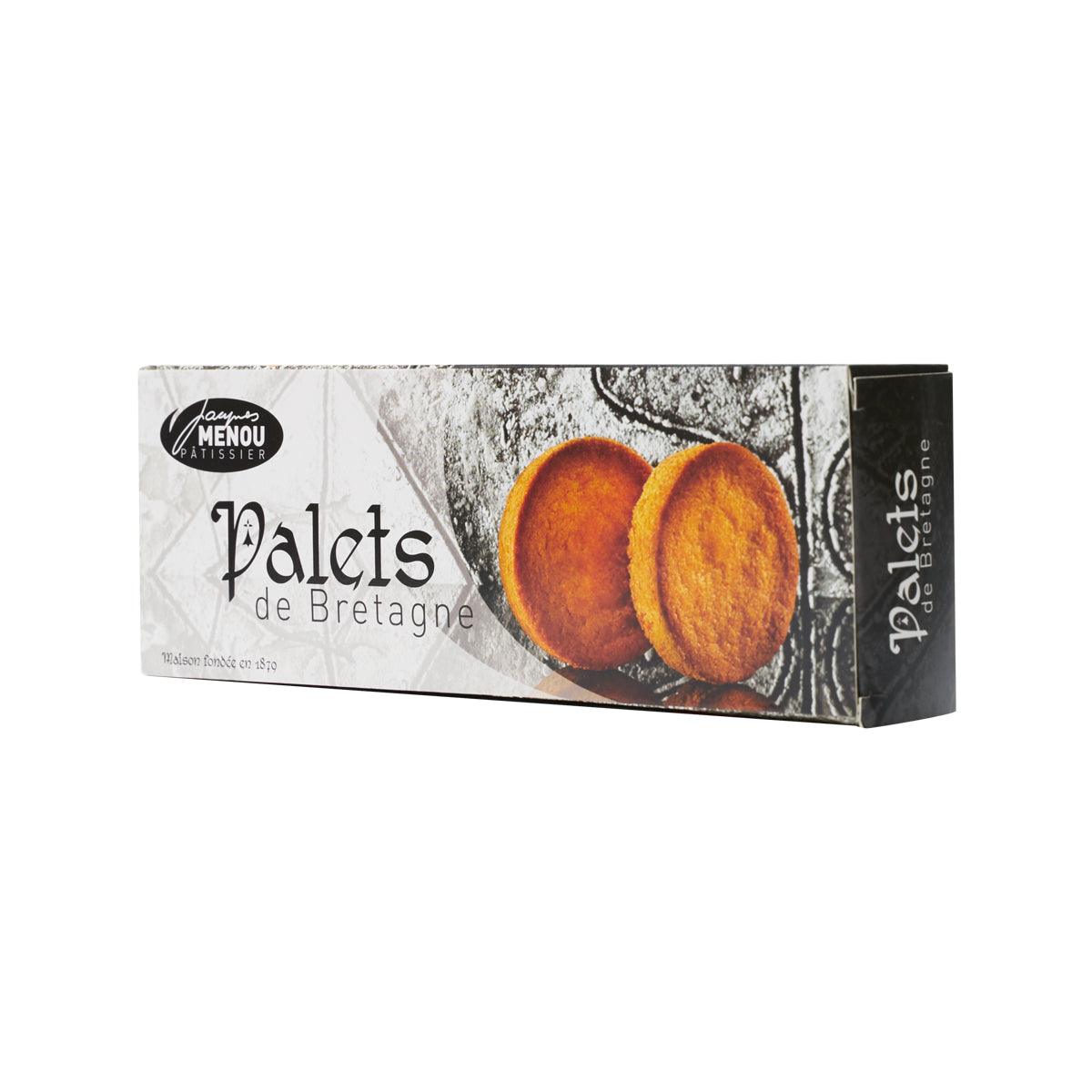 Butter biscuits box side view, showing two round golden Palets de Bretagne