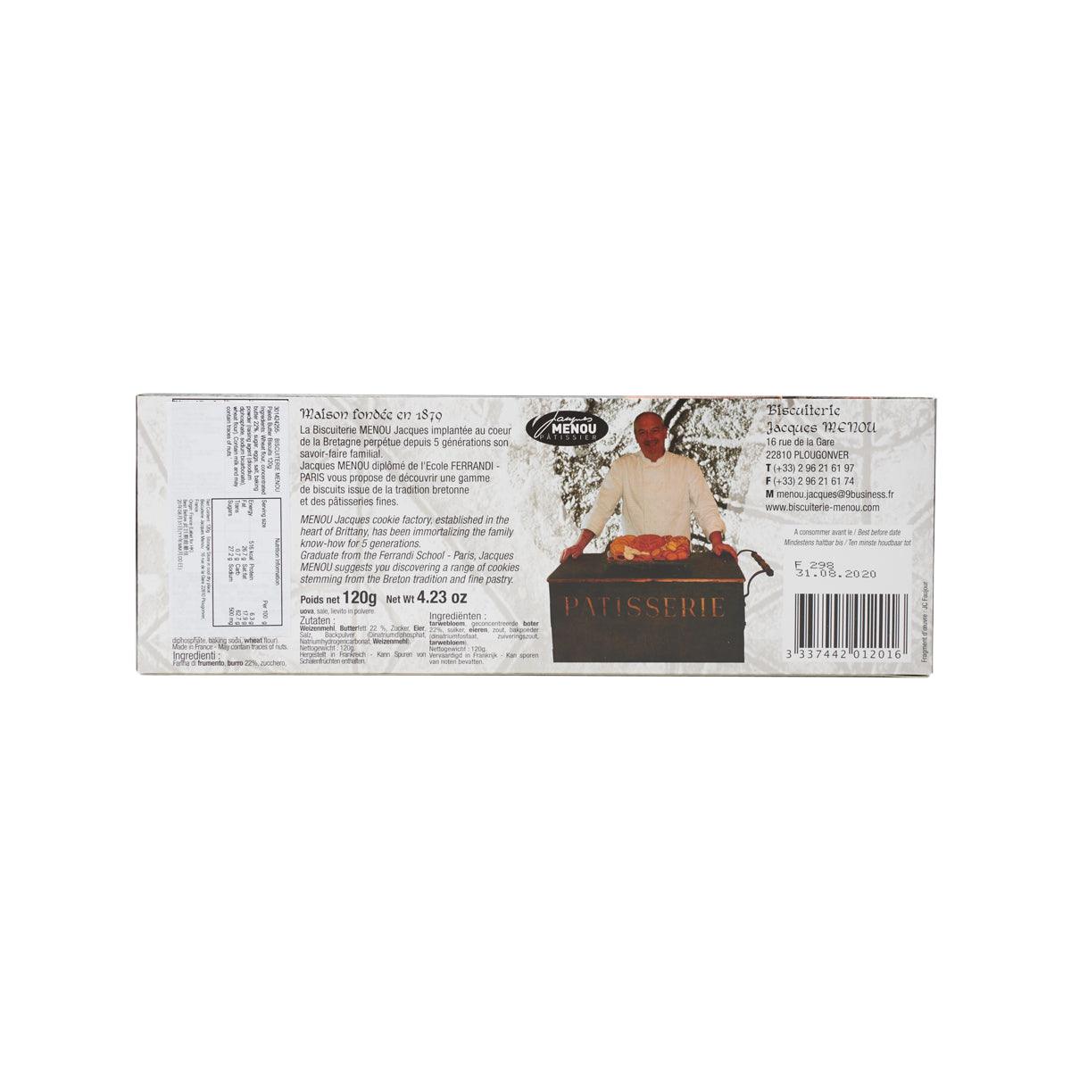 Butter biscuits box back, with product details and illustration of the baker