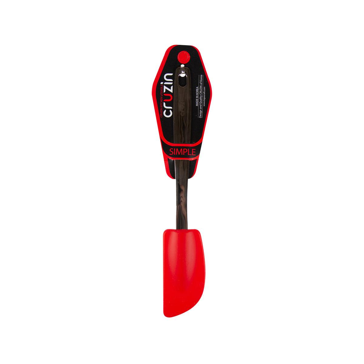 Red silicone spatula with flexible rounded head and black grip handle
